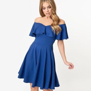 Unique Vintage Frenchie Ruffle Neck‎ Capelet Blue Dress